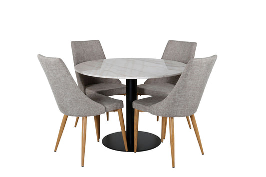 Estelle - Rundt spisebord, ø106 H75 - Hvid / Sort+Leone Spisebordsstol - Lysegrå / Eg