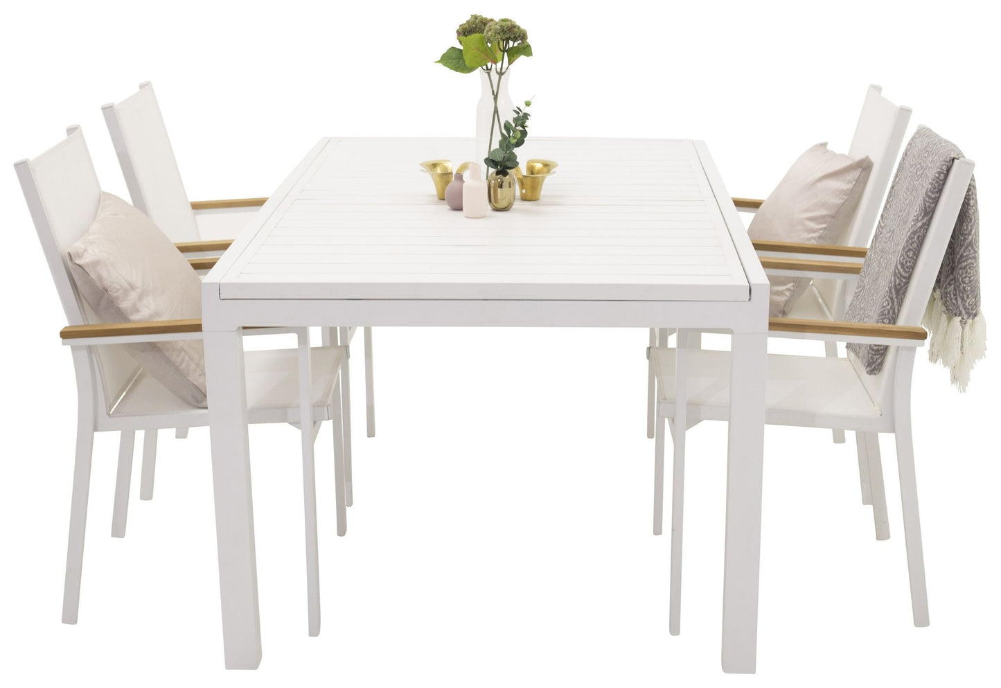 Marbella - Spisebord, 160/240*100*H75 - Hvid+ Texas - Lænestol (stapelbar) hvid / teak
