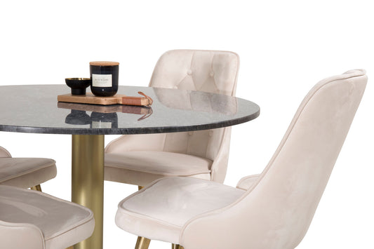 Estelle - Spisebord, rund 106cm Grå Marmor / Messing - velour Deluxe Spisebordsstol - Ben af børstet messig / Beige velour 4