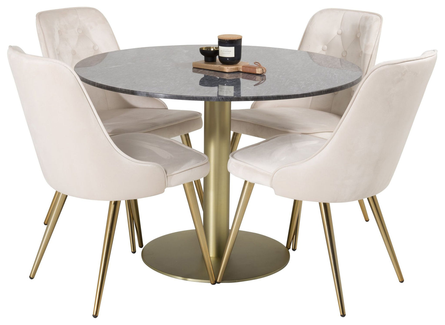 Estelle - Spisebord, rund 106cm Grå Marmor / Messing - velour Deluxe Spisebordsstol - Ben af børstet messig / Beige velour 4