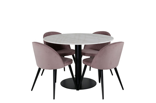 Estelle rundt Spisebord - Sort / Hvid marmor - ø106*H75+ velour matstol - Manchester