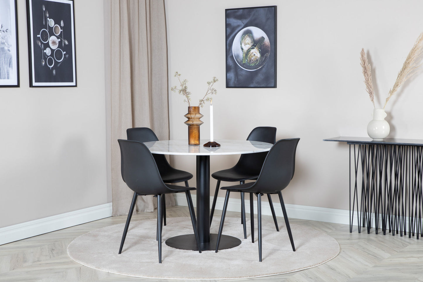 Estelle - Rundt spisebord, ø106 H75 - Hvid / Sort+ Polar Plast Spisebordsstol