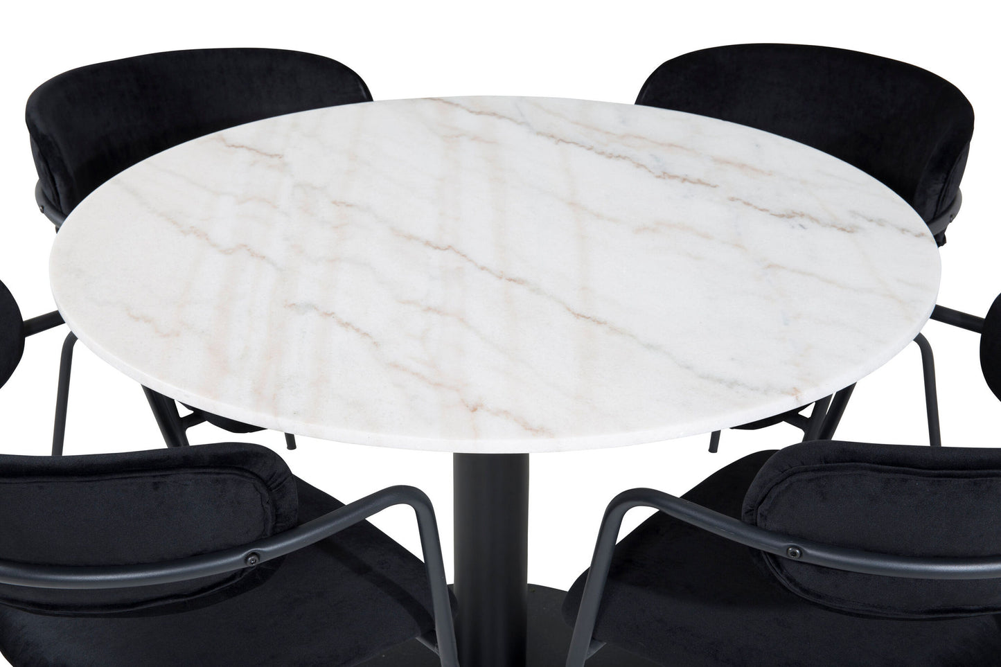 Estelle - Spisebord, rund 106cm Hvid marble / Sorte ben - Arrow armstol - Sorte ben - Sort velour 4