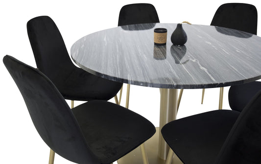 Estelle - Spisebord, rund 106cm Grå Marmor / Messing - Polar Stol - Sort velour / Mat messing ben