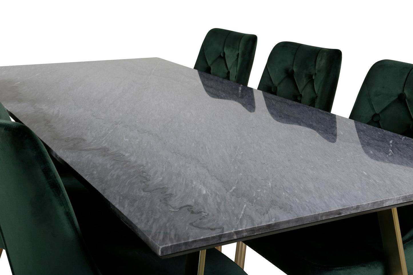 Estelle - Spisebord, 200*90 Grå Marmor / Mat Messing ben - velour Deluxe Stol - Moss Grøn/Mat messing ben