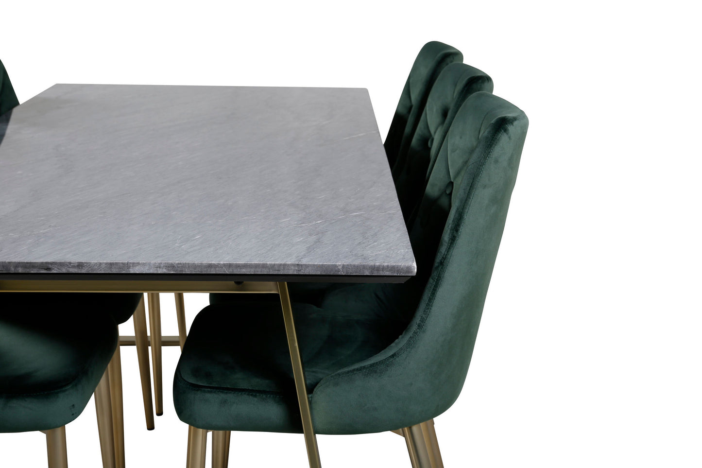 Estelle - Spisebord, 200*90 Grå Marmor / Mat Messing ben - velour Deluxe Stol - Moss Grøn/Mat messing ben