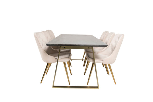 Estelle - Spisebord, 200*90 Grå Marmor / Mat Messing ben - velour Deluxe Spisebordsstol - Ben af børstet messig / Beige velour