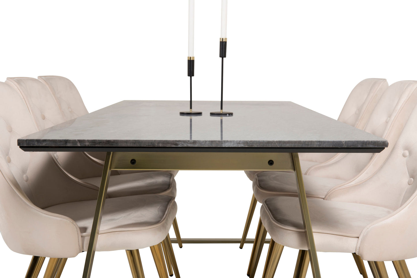 Estelle - Spisebord, 200*90 Grå Marmor / Mat Messing ben - velour Deluxe Spisebordsstol - Ben af børstet messig / Beige velour
