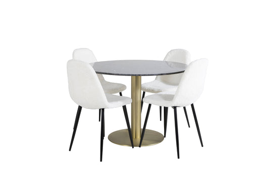 Estelle - Rundt spisebord, ø106 H75 - Sort / Messing+ Polar Fluff Spisebordsstol - Sorte ben - Hvid Teddy
