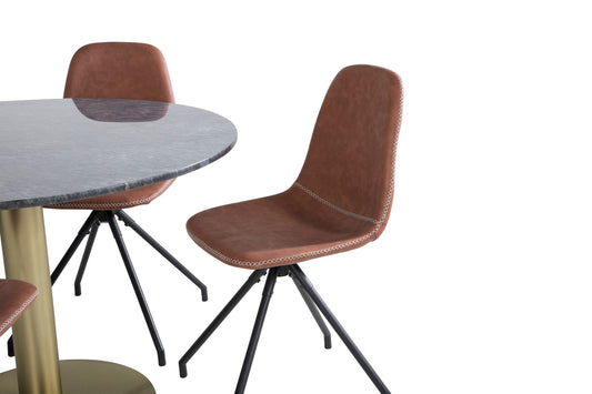 Estelle - Rundt spisebord, ø106 H75 - Sort / Messing+ Polar Spisebordsstol med Spi function - sort ben - Brun PU - Hvid syninger