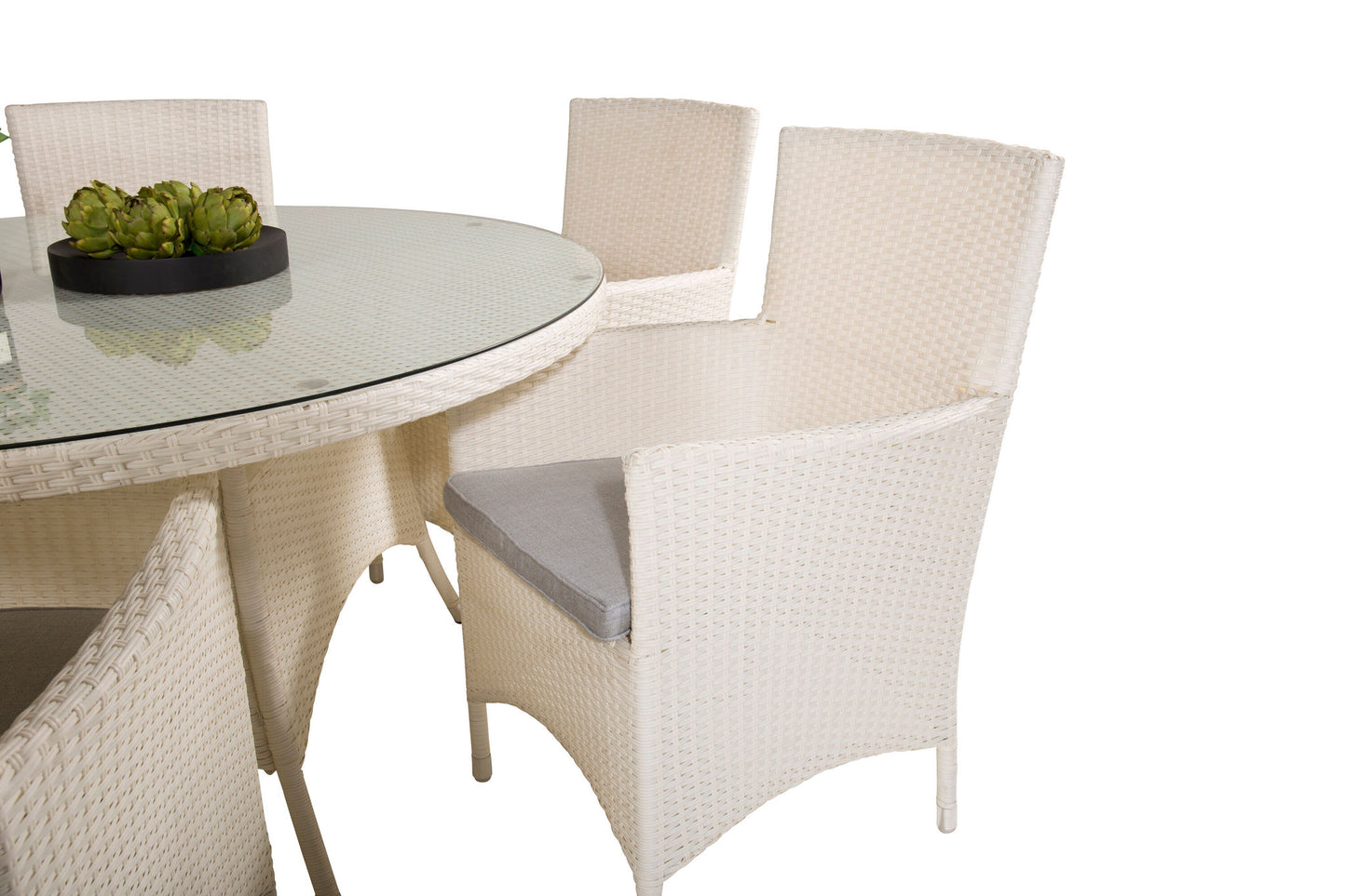 Volta - Spisebord, Hvid - ø150+ Mali Stol m. armlæn med pude - Hvid / Grå cush