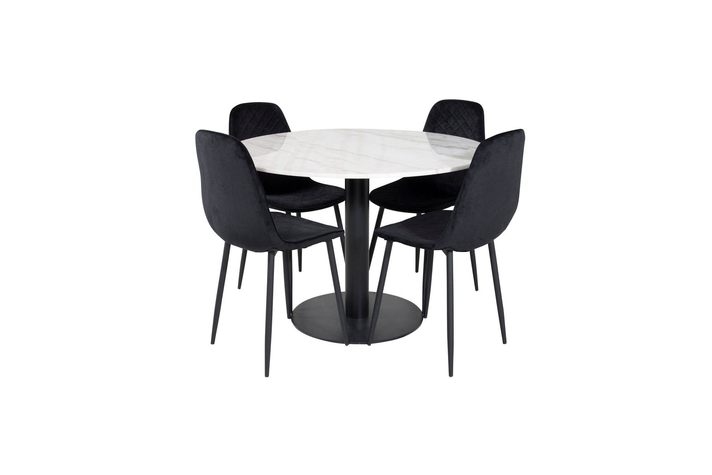 Estelle - Rundt spisebord, ø106 H75 - Hvid / Sort+ Polar Diamond Spisebordsstol - Sorte ben - Sort velour