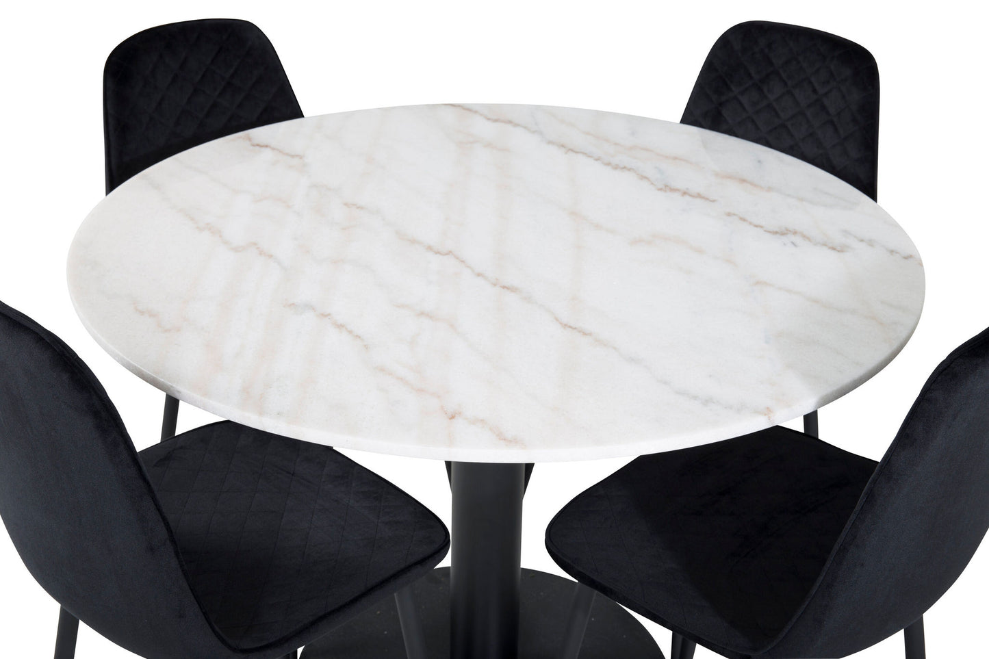 Estelle - Rundt spisebord, ø106 H75 - Hvid / Sort+ Polar Diamond Spisebordsstol - Sorte ben - Sort velour