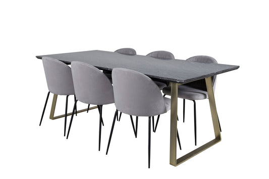 Estelle - Spisebord, 200*90*H76 - Grå / Messing+Wrikles Spisebordsstol - Sorte ben - Grå velour
