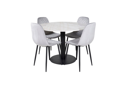 Estelle - Rundt spisebord, ø106 H75 - Hvid / Sort+ Polar Diamond Spisebordsstol - Sorte ben - Grå velour