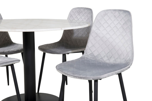 Estelle - Rundt spisebord, ø106 H75 - Hvid / Sort+ Polar Diamond Spisebordsstol - Sorte ben - Grå velour
