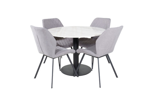 Estelle - Rundt spisebord, ø106 H75 - Hvid / Sort+Gemma Spisebordsstol - Sorte ben - Gråt stof
