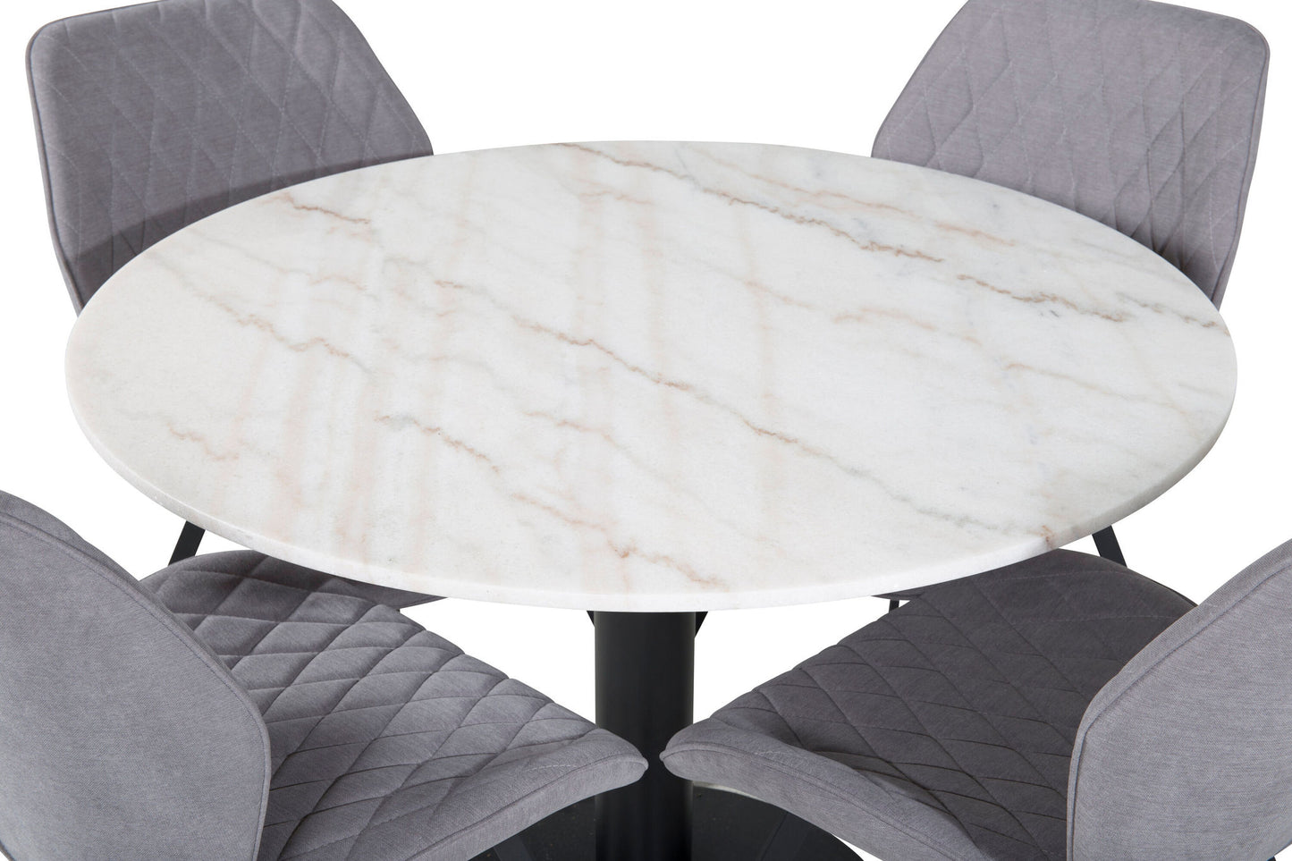 Estelle - Rundt spisebord, ø106 H75 - Hvid / Sort+Gemma Spisebordsstol - Sorte ben - Gråt stof