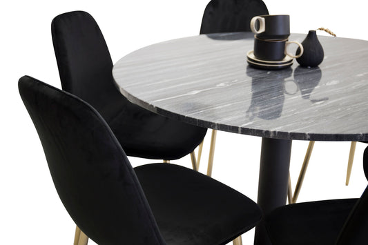 Estelle - Spisebord, rund 106cm Grå Marmor / Sorte ben - Polar Stol - Sort velour / Mat messing ben