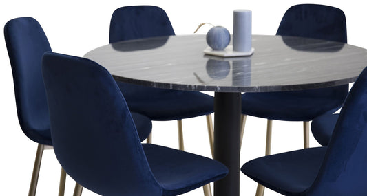 Estelle - Spisebord, rund 106cm Grå Marmor / Sorte ben - Polar Stol - Blå velour / Mat messing ben