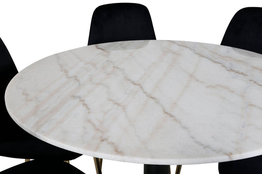 Estelle - Spisebord, rund 106cm Hvid marble / Sorte ben - Polar Stol - Sort velour / Mat messing ben