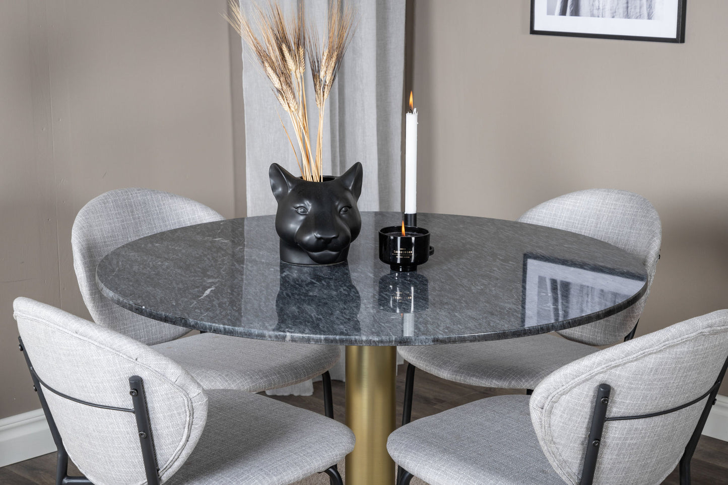 Estelle - Rundt spisebord, ø106 H75 - Sort / Messing+Vault Spisebordsstol - Sorte ben - Gråt stof