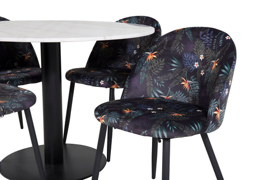 Estelle - Rundt spisebord, ø106 H75 - Hvid / Sort+ velour Spisebordsstol - Sort blomster stof