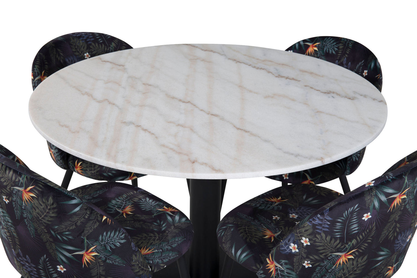 Estelle - Rundt spisebord, ø106 H75 - Hvid / Sort+ velour Spisebordsstol - Sort blomster stof