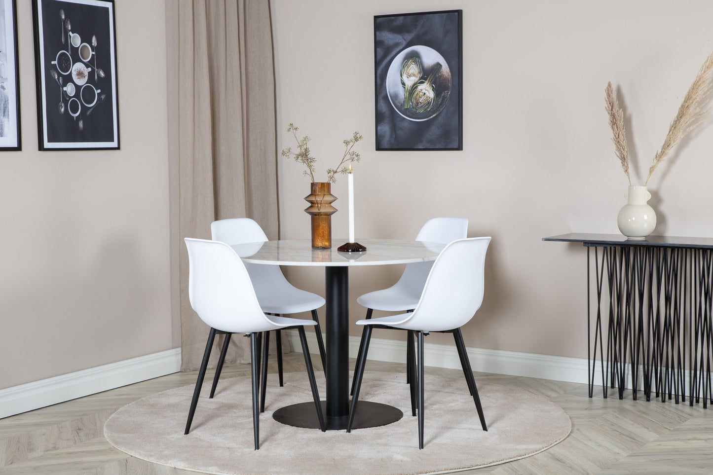 Estelle - Rundt spisebord, ø106 H75 - Hvid / Sort+ Polar Plast Spisebordsstol - Sorte ben / Hvid Plast