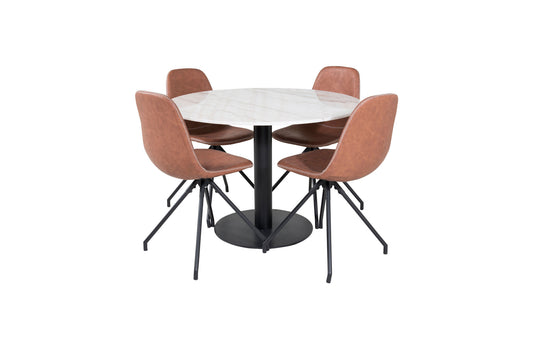 Estelle - Rundt spisebord, ø106 H75 - Hvid / Sort+ Polar Spisebordsstol med Spi function - sort ben - Brun PU - Hvid syninger