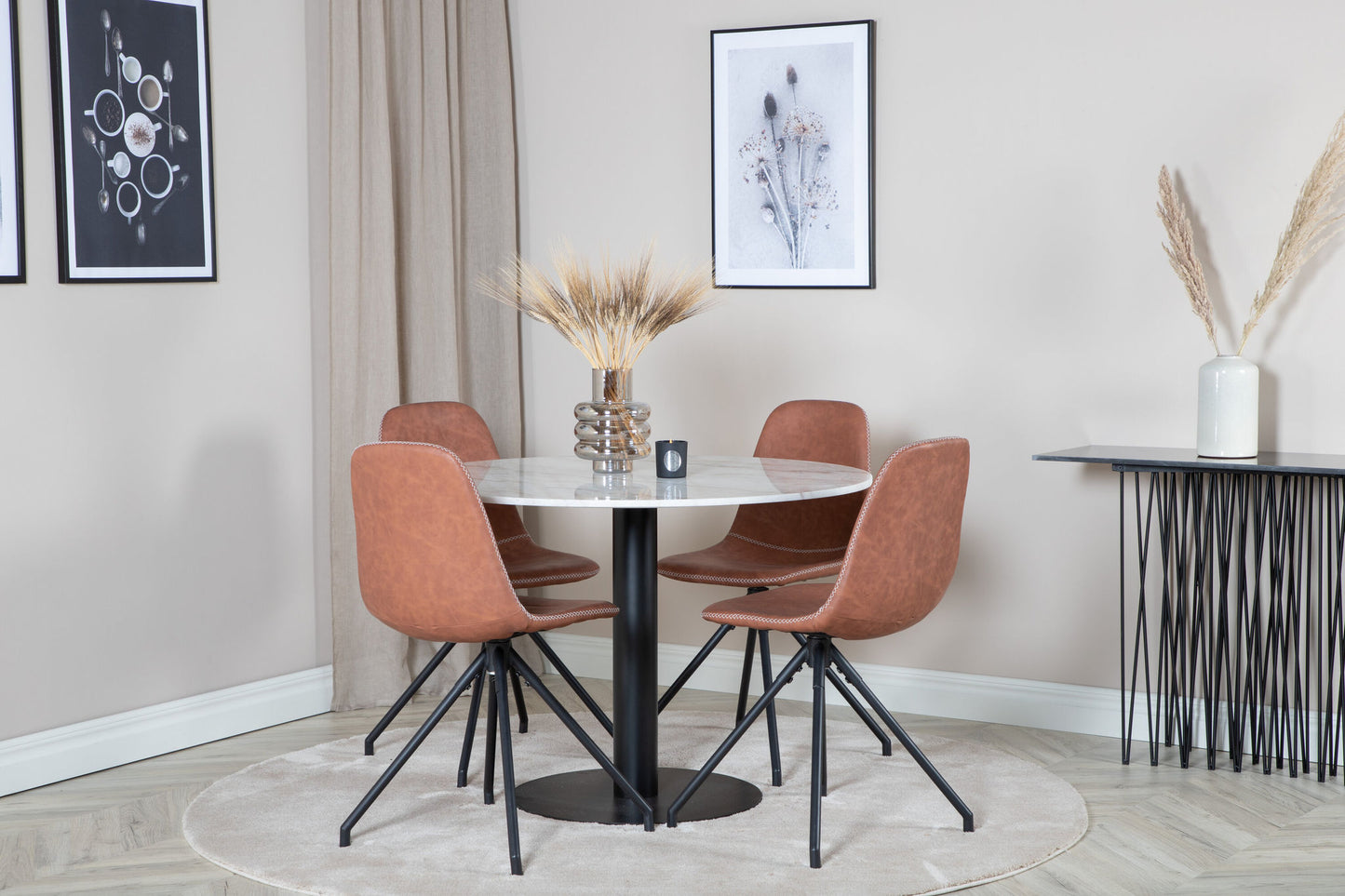 Estelle - Rundt spisebord, ø106 H75 - Hvid / Sort+ Polar Spisebordsstol med Spi function - sort ben - Brun PU - Hvid syninger