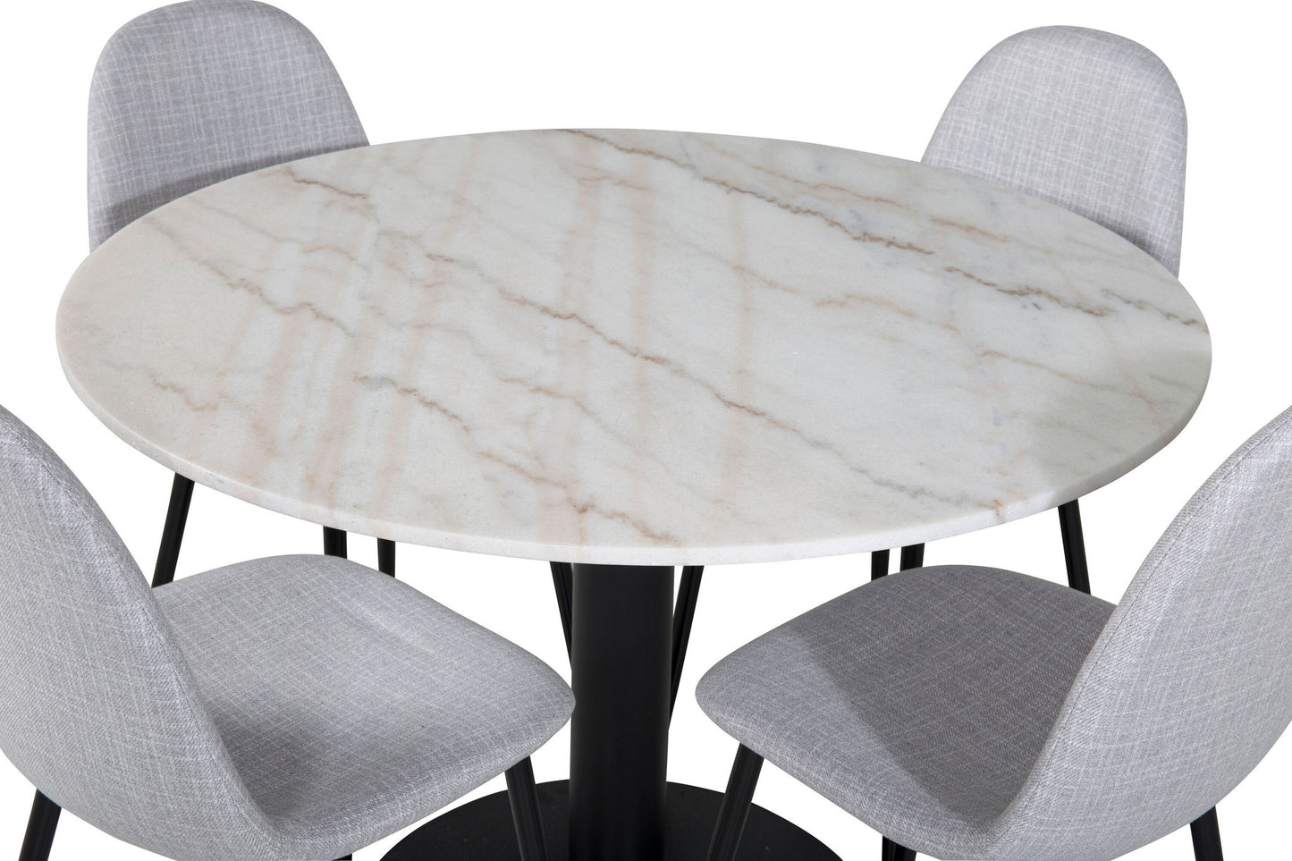 Estelle - Rundt spisebord, ø106 H75 - Hvid / Sort+ Polar Spisebordsstol - Sorte ben - Lysegråt stof