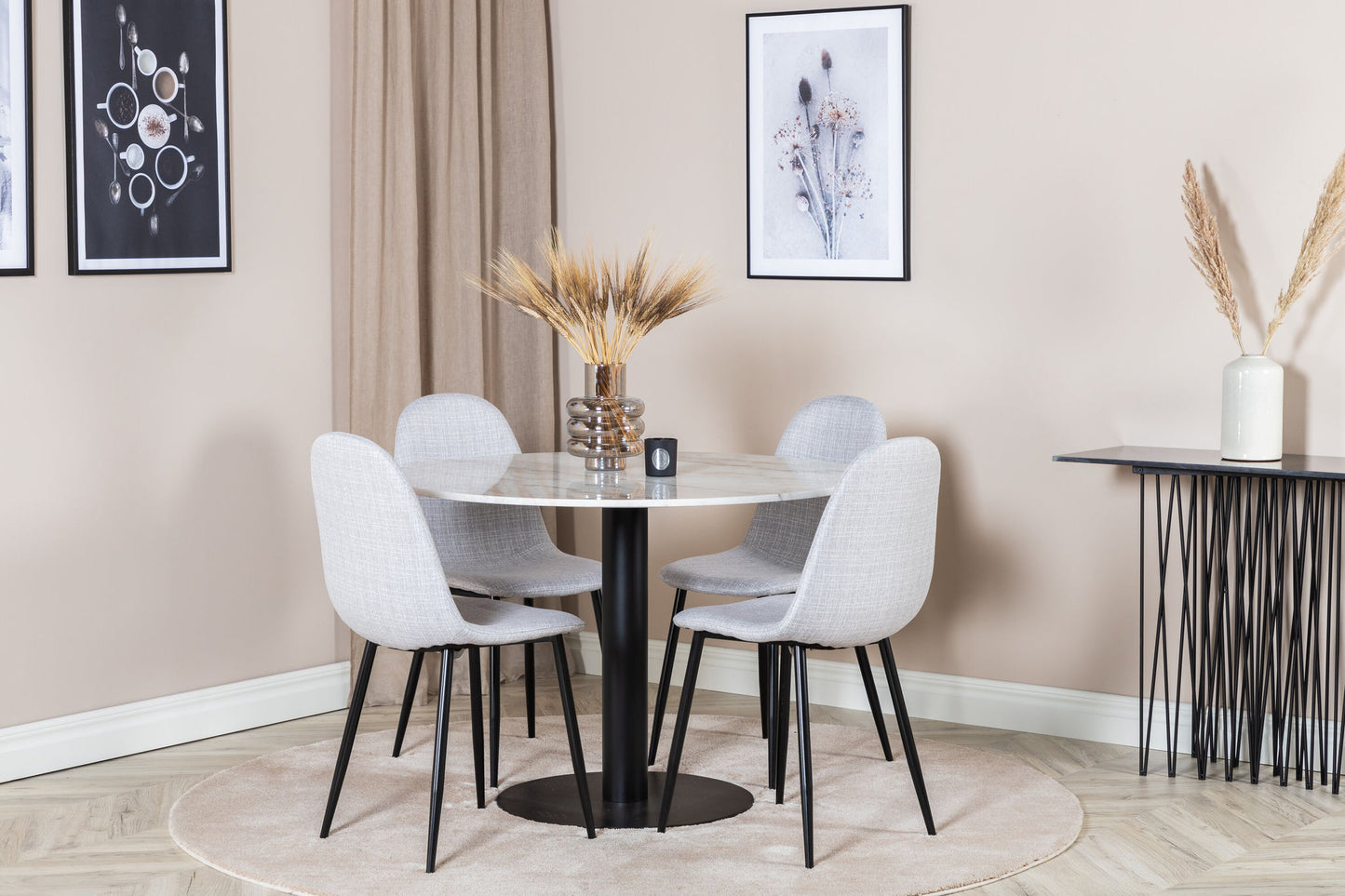 Estelle - Rundt spisebord, ø106 H75 - Hvid / Sort+ Polar Spisebordsstol - Sorte ben - Lysegråt stof