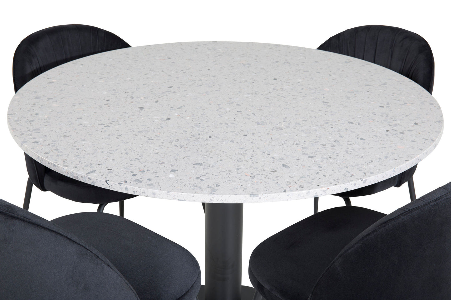 Razzia - Spisebord, ø106cm - Grå / Sort+Wrikles Spisebordsstol - Sorte ben - Sort velour
