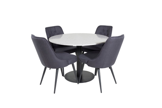 Razzia - Spisebord, ø106cm - Grå / Sort+ velour Deluxe Spisebordsstol - Sorte ben - Sort Stof