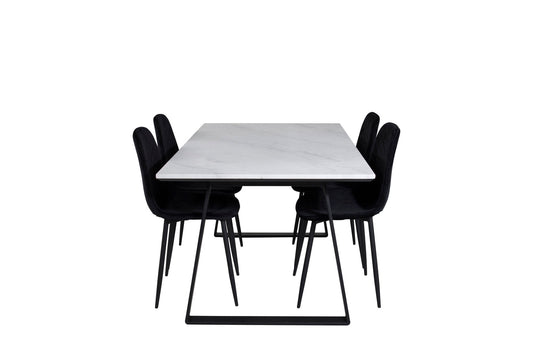 Estelle - Spisebord, 140*90 - Hvid / Sort+ Polar Diamond Spisebordsstol - Sorte ben - Sort velour