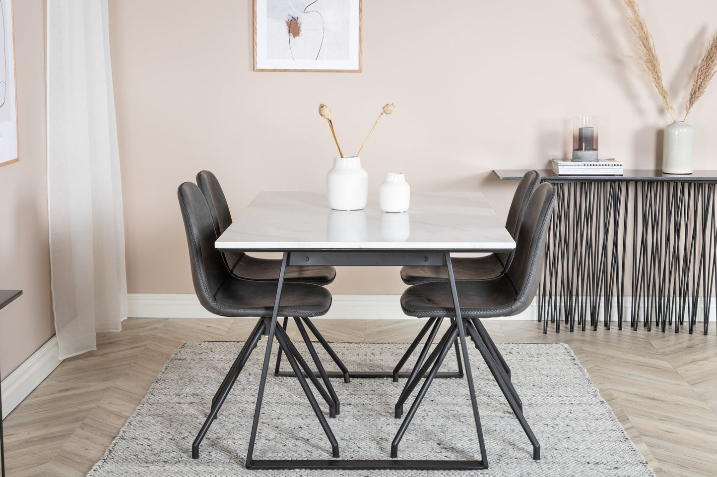 Estelle - Spisebord, 140*90 - Hvid / Sort+ Polar Spisebordsstol med Spi function - sort ben - Sort PU - Sort syninger