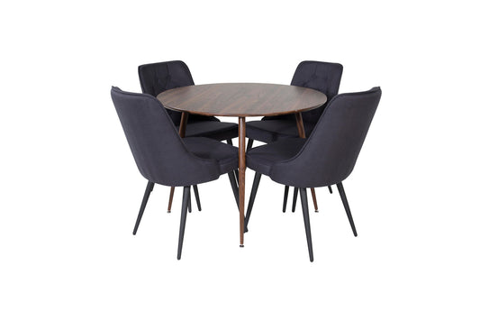 Plaza Rundt bord 100 cm - Valnød top - Valnød ben+ velour Deluxe Spisebordsstol - Sorte ben - Sort Stof