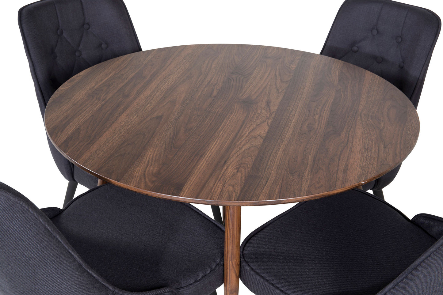 Plaza Rundt bord 100 cm - Valnød top - Valnød ben+ velour Deluxe Spisebordsstol - Sorte ben - Sort Stof