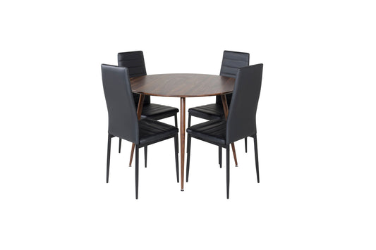 Plaza Rundt bord 100 cm - Valnød top - Valnød ben+ Slim High Back Spisebordsstol - Sorte ben - Sort PU