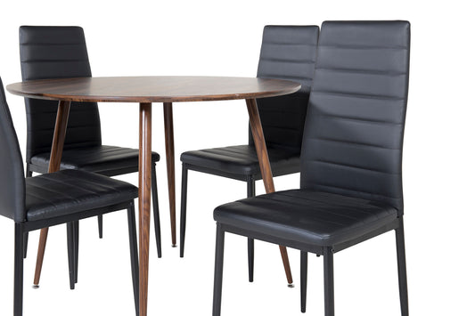 Plaza Rundt bord 100 cm - Valnød top - Valnød ben+ Slim High Back Spisebordsstol - Sorte ben - Sort PU