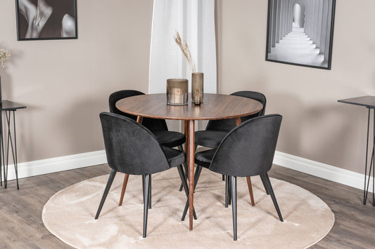 Plaza Rundt bord 100 cm - Valnød top - Valnød ben+ velour Spisebordsstol - Sort