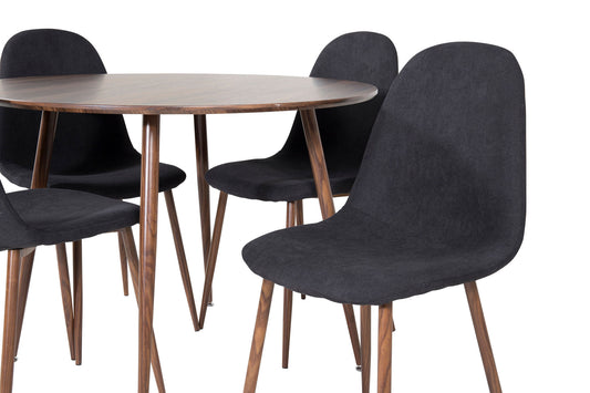Plaza Rundt table 100 cm - Valnød top - Valnød ben+ Polar Spisebordsstol - Valnød ben - Sort Stof