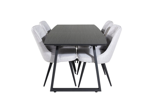 Inca - Bord med forlængelse - Sort top / sort ben+ velour Deluxe Spisebordsstol - Sorte ben - Lysegråt stof