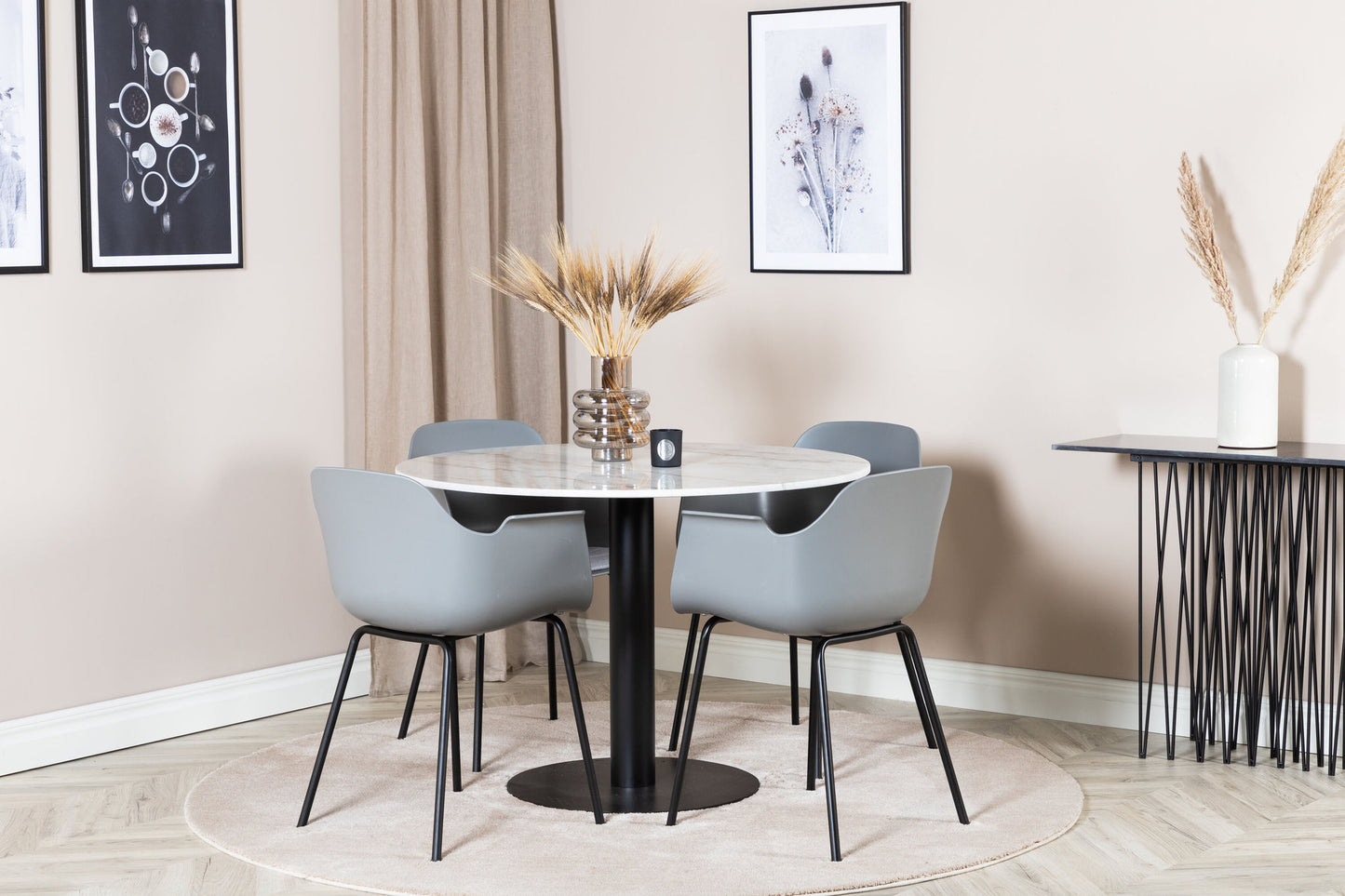 Estelle - Rundt spisebord, ø106 H75 - Hvid / Sort+Comfort Plast Spisebordsstol - Sorte ben - Grå Plast