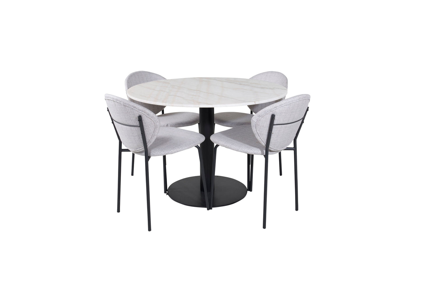 Estelle - Rundt spisebord, ø106 H75 - Hvid / Sort+Vault Spisebordsstol - Sorte ben - Gråt stof