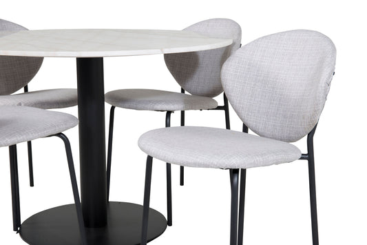 Estelle - Rundt spisebord, ø106 H75 - Hvid / Sort+Vault Spisebordsstol - Sorte ben - Gråt stof
