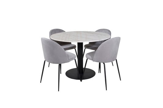 Estelle - Rundt spisebord, ø106 H75 - Hvid / Sort+Wrikles Spisebordsstol - Sorte ben - Grå velour