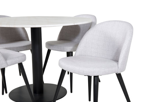 Estelle - Rundt spisebord, ø106 H75 - Hvid / Sort+ velour Stol - Sorte ben - LysegråStof
