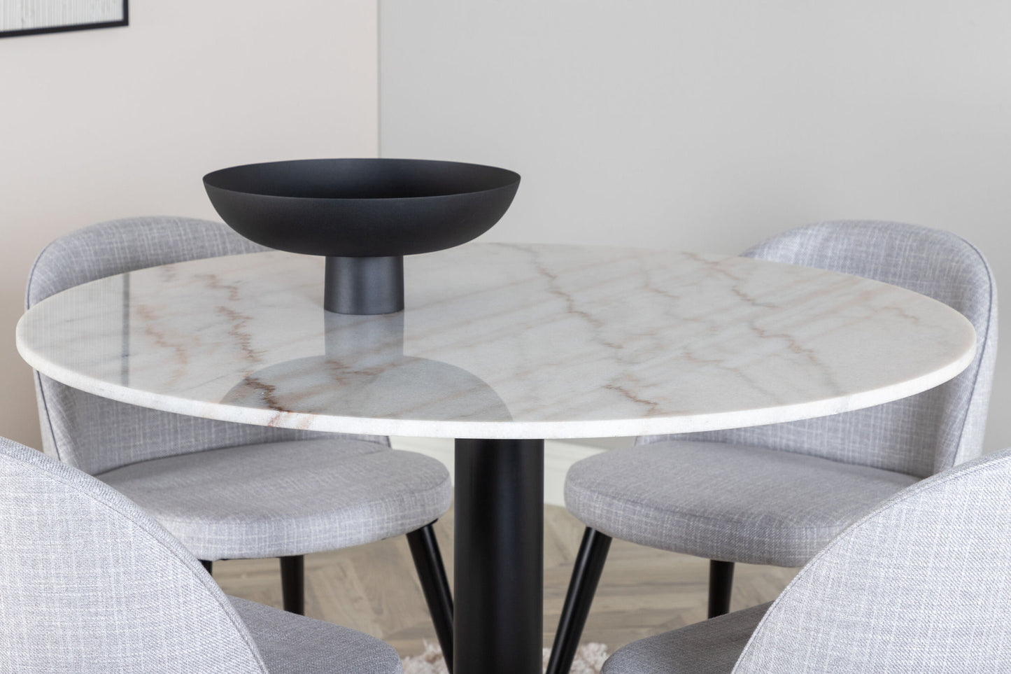 Estelle - Rundt spisebord, ø106 H75 - Hvid / Sort+ velour Stol - Sorte ben - LysegråStof